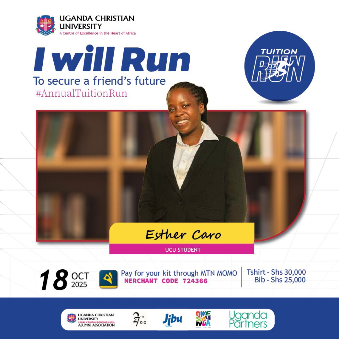 UcuKampala's tweet photo. On 18th October 2025, we shall be running for a noble cause-raising funds for tuition. Bibs are available for purchase at 25,000 UGX and shirts at 30,000 UGX. Your support and presence would be greatly appreciated. https://t.co/6M3vEi8vXW