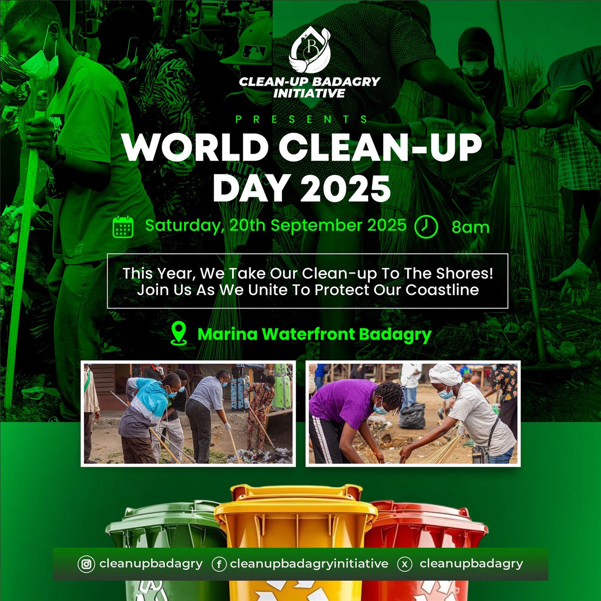 Tomorrow is the day, Badagry! 💚
Join us for World Clean-Up Day 2025 

🗓 Sat, Sept 20
⏰ 8:00 AM
📍 Marina Waterfront, Badagry

Let’s rise for our coast, protect our environment &amp; make Badagry shine! ✨

👉 Be part of history. Be part of the solution.

#WorldCleanUpDay