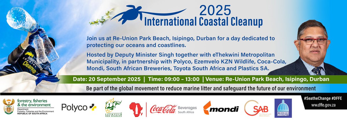 Deputy Minister Singh will join volunteers at Re-Union Park Beach, Isipingo, Durban on 20 September 2025 to mark International Coastal Clean-Up Day.

Together, we will reduce marine litter, protect our oceans, and safeguard our environment.

#SeatheChange #DFFE