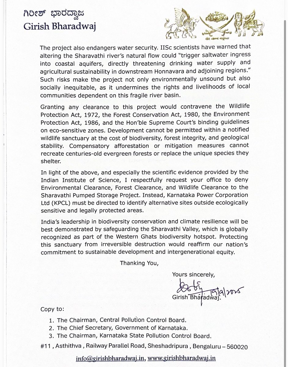 Girishvhp's tweet image. I have written a letter to the Union Secretary for Environment, Ecology, and Forests, urging the rejection of environmental, forest, and wildlife clearances for the destructive Sharavathi Pumped Storage Project.

ಶರಾವತಿ ಕಣಿವೆಯ ಸಂರಕ್ಷಿತ ಅಭಯಾರಣ್ಯ ಕಡಿಯಲು, ನದಿ-ಜೀವಜಾಲ ನಾಶಮಾಡಲು…