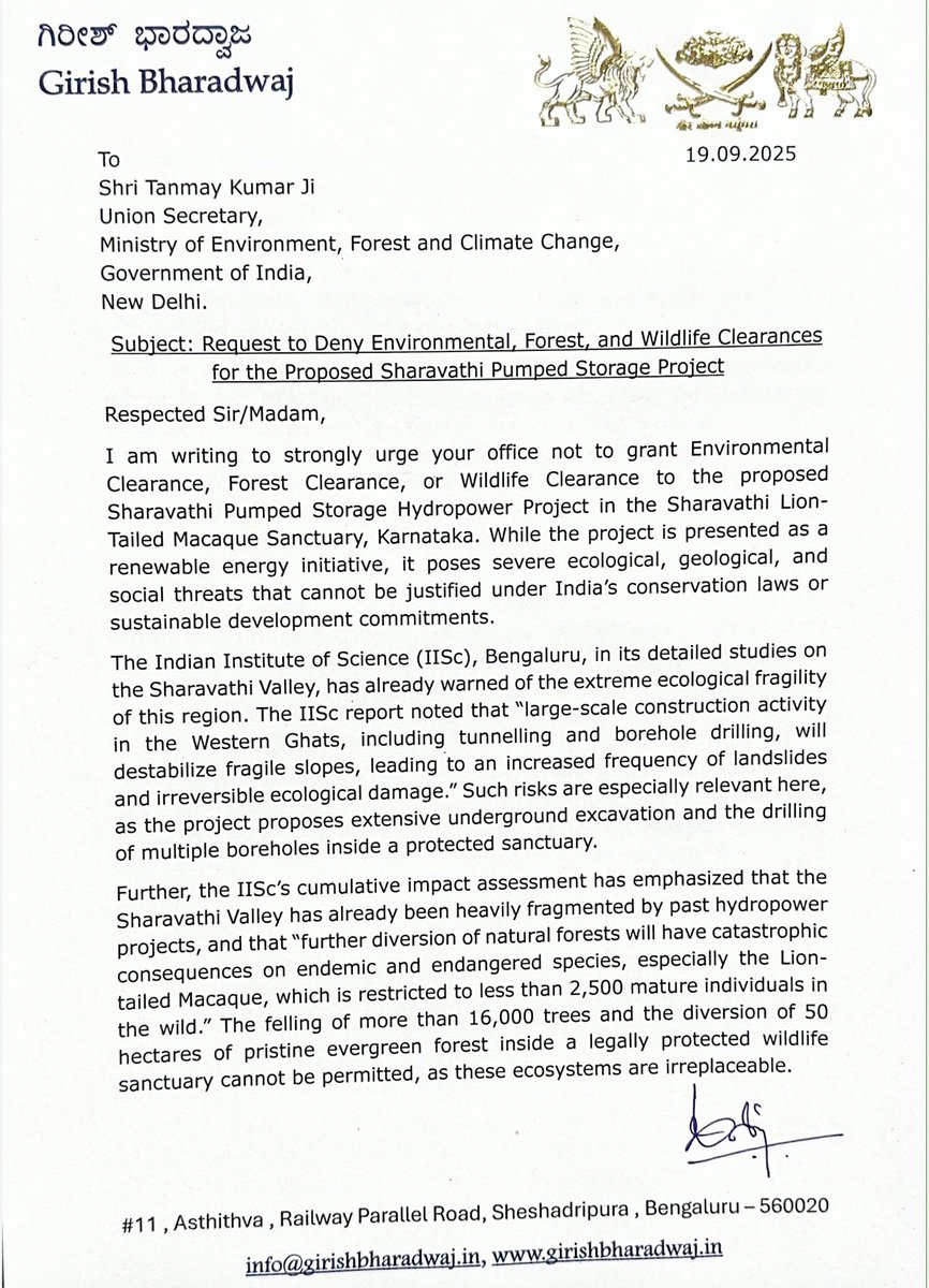 Girishvhp's tweet image. I have written a letter to the Union Secretary for Environment, Ecology, and Forests, urging the rejection of environmental, forest, and wildlife clearances for the destructive Sharavathi Pumped Storage Project.

ಶರಾವತಿ ಕಣಿವೆಯ ಸಂರಕ್ಷಿತ ಅಭಯಾರಣ್ಯ ಕಡಿಯಲು, ನದಿ-ಜೀವಜಾಲ ನಾಶಮಾಡಲು…