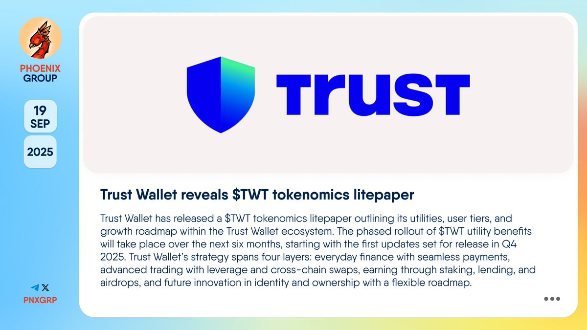 🔥 @TrustWallet reveals $TWT tokenomics litepaper #TrustWallet has released  a $TWT tokenomics litepaper outlining its utilities, user tiers, and growth  roadmap within the Trust Wallet ecosystem. The phased rollout of $TWT  utility