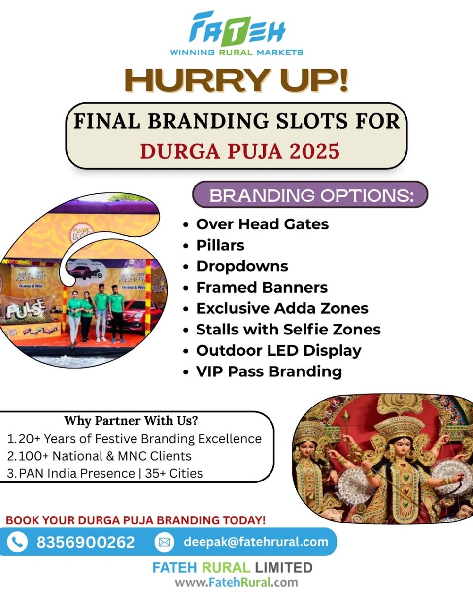 FatehLtd's tweet photo. 🚨 Last Call for Brands! 🚨
Durga Puja 2025 is around the corner &amp; final branding slots are filling fast! 🎉

#DurgaPuja2025 #FestiveBranding #FatehRuralLimited #FestivalMarketing #DurgaPujaCelebrations #BrandVisibility #CulturalMarketing #OnGroundActivation #PujoWithFateh https://t.co/oH6b4uJ0JV