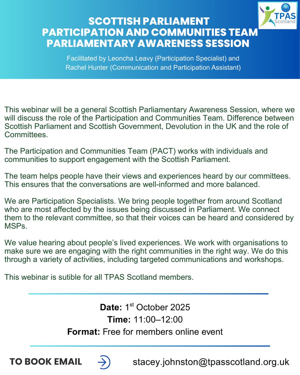 TPASScotland's tweet image. Join us for our free members only webinar on the 1st of October with the Scottish Parliament (Participation and Communities Team)

You can book your place by contacting  stacey.johnston@tpasscotland.org.uk

@Engage_SP

#TPASScotland