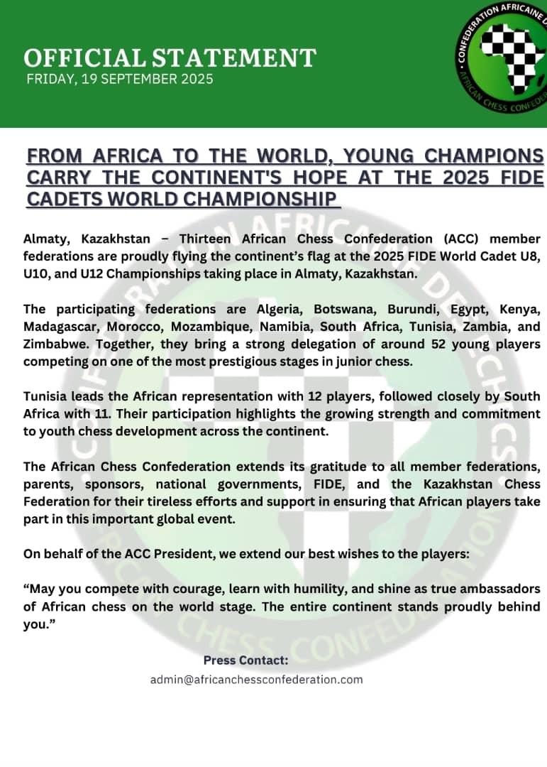 AfricanChessCon's tweet image. 11 ACC members comprising 52 young chess players representing at the 2025 FIDE Cadets Chess Championship in Kazakhstan