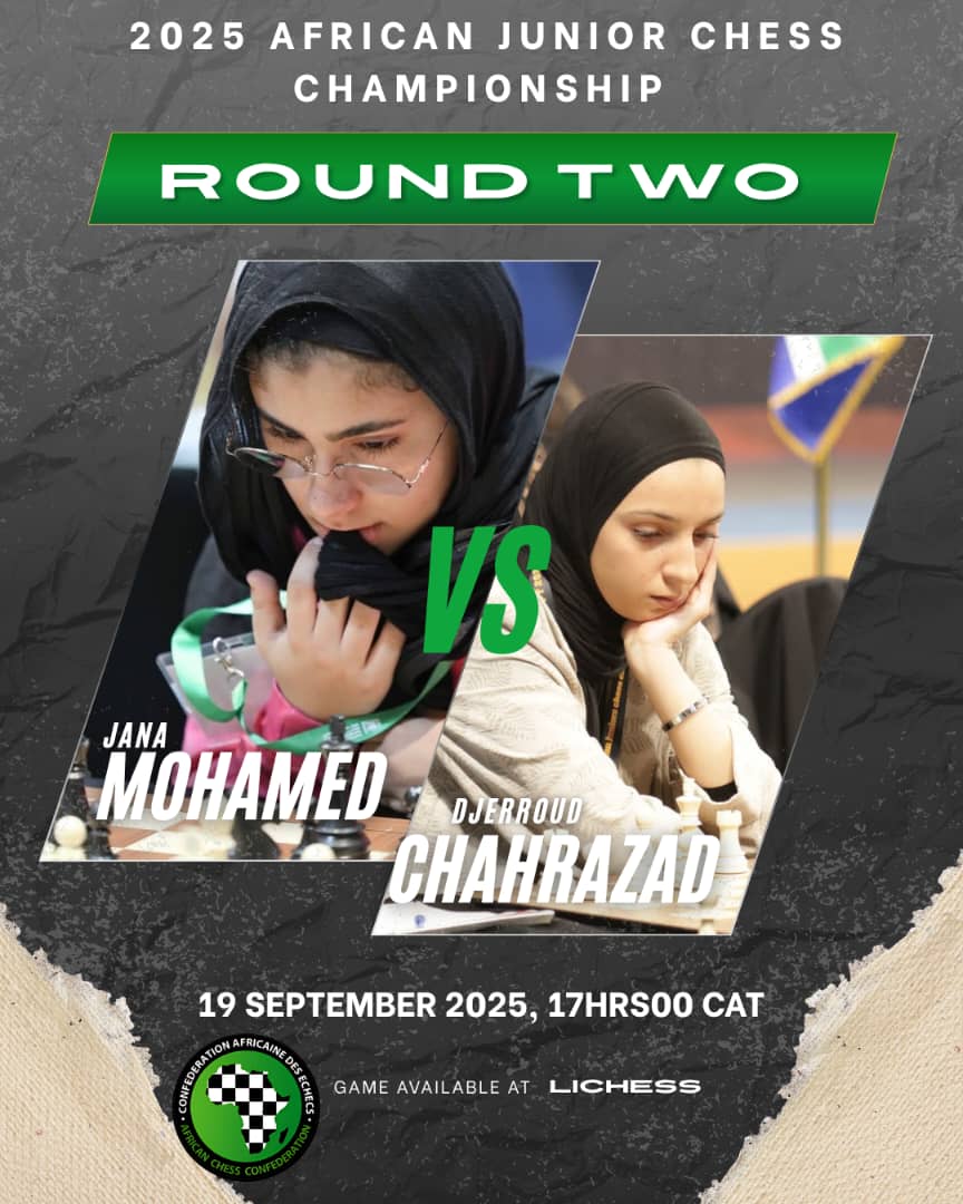 AfricanChessCon's tweet image. Round two in the girls’ section promises fireworks on board one, with Egypt’s rising star Jana Mohamed squaring off against defending champion Djerroud Chahrazed of Algeria in a high-stakes North African derby #AJCC2025