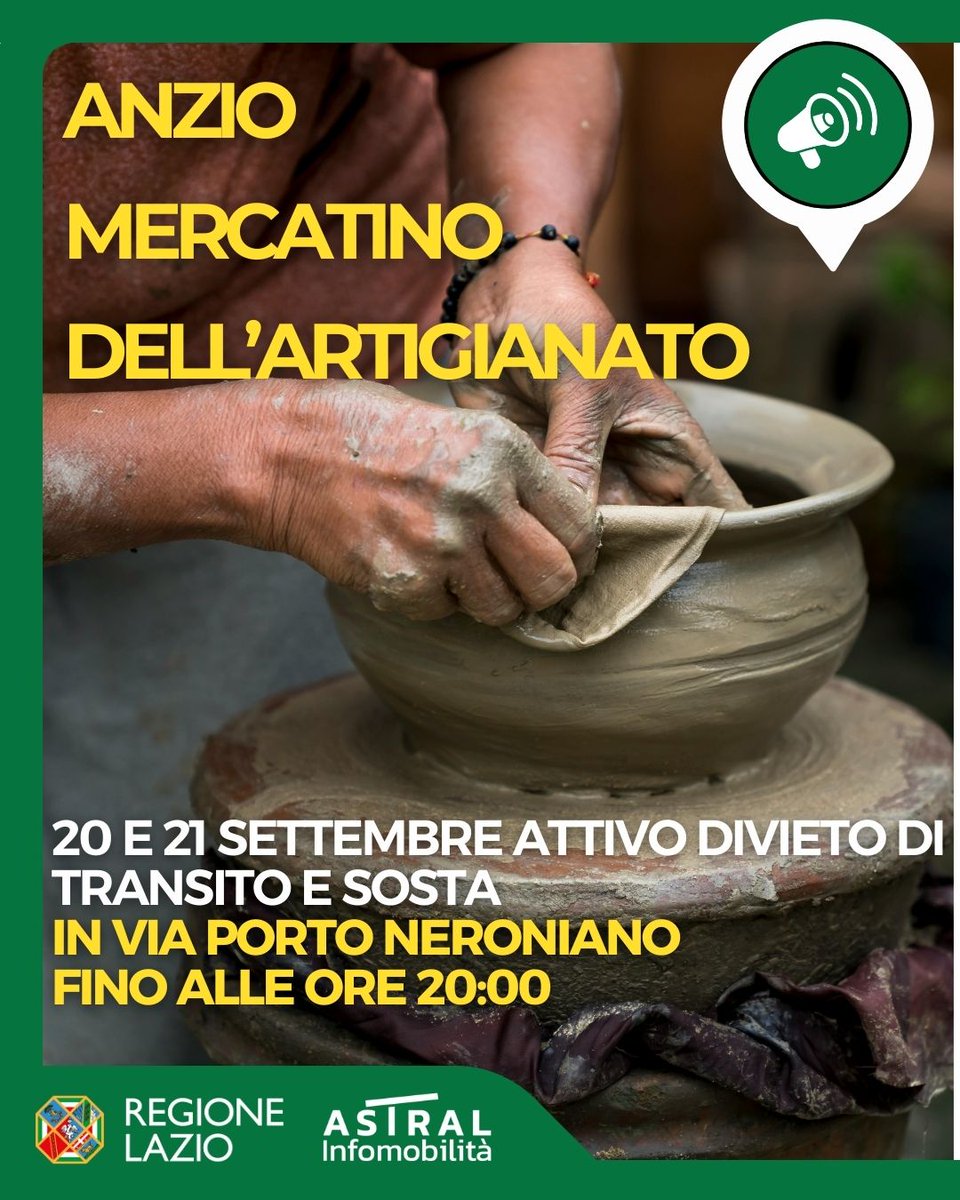 astralmobilita's tweet image. 📢 #Anzio 

evento #mercatino dell'artigianato

📅20-21 #settembre
🕑 06.00 - 20:00 

⛔️ divieto di transito e sosta in #ViaPortoNeroniano tra #ViaPadreLombardi e #PiazzaPia 

👉bitly.cx/egK03

#viabiliLAZ