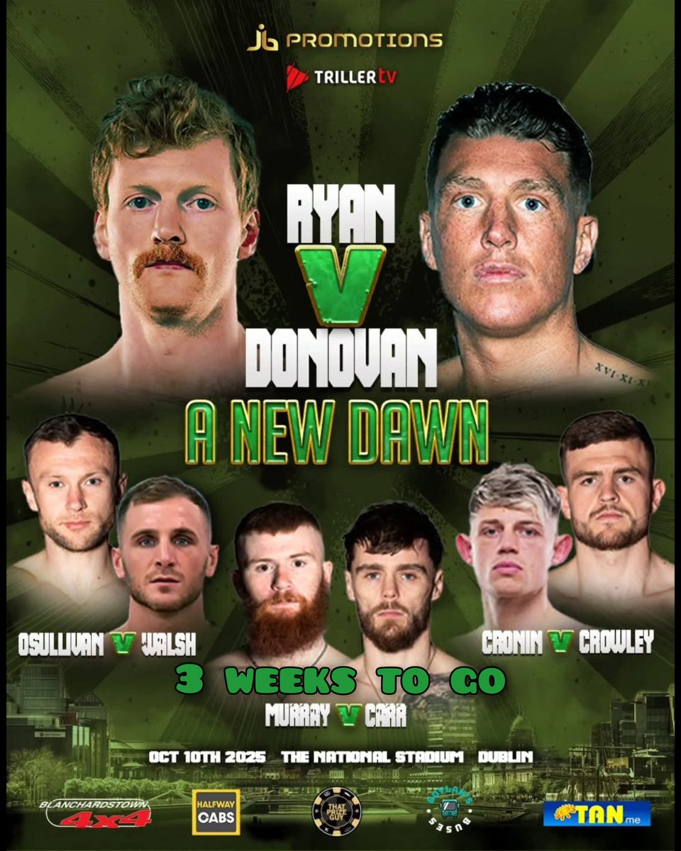 3 weeks to go

JB Promotions are back with #ANEWDAWN at the National Stadium in Dublin 

15 fights in total on the card
4 x 50-50 domestics, 2 of which are Irish title fights 

This card has it all, including FOUR debutants

Very limited tickets remaining with fighters
