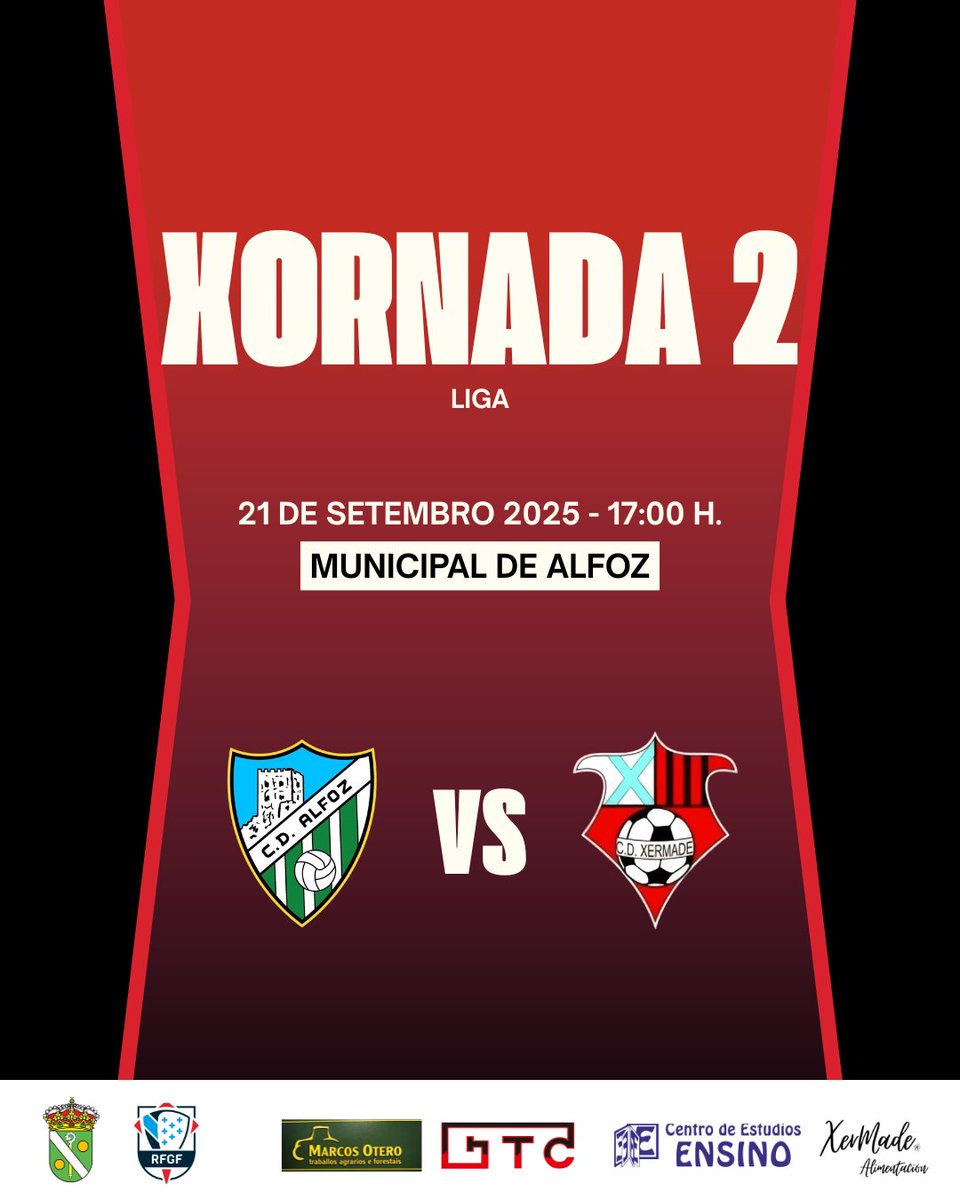 🔴 Xornada 2 ⚫️

⚽️ CD Alfoz - CD Xermade
📆 Domingo 21 de setembro
⏰ 17:00 h.
📍 Municipal de Alfoz

#Xermade2526 ❤️🖤