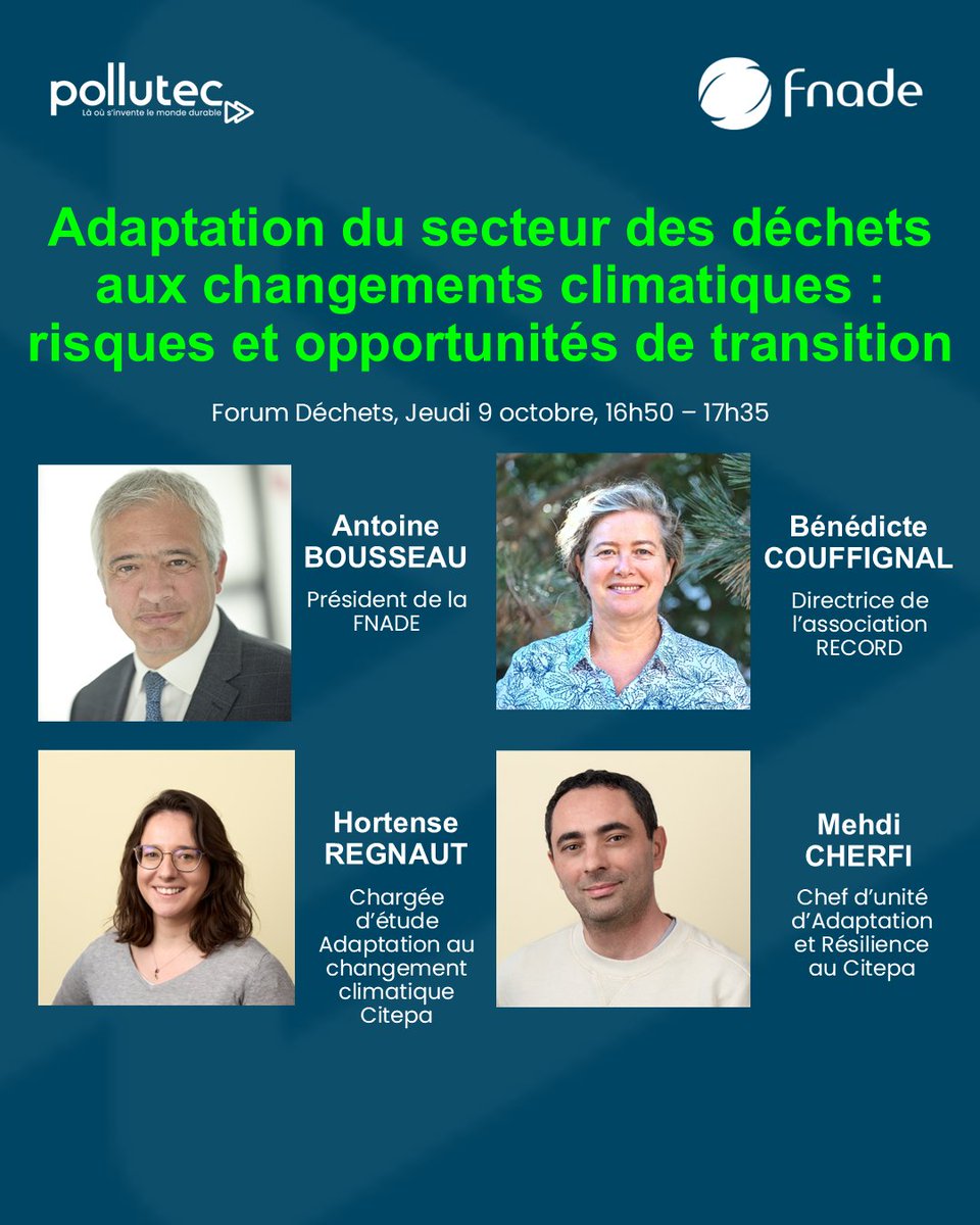 #polluteclyon2025 📢 "Adaptation du secteur des déchets aux changements climatiques : risques et opportunités de transition" . Une conférence à découvrir le jeudi 9 octobre de 16h50 à 17h35 au Forum déchets.
