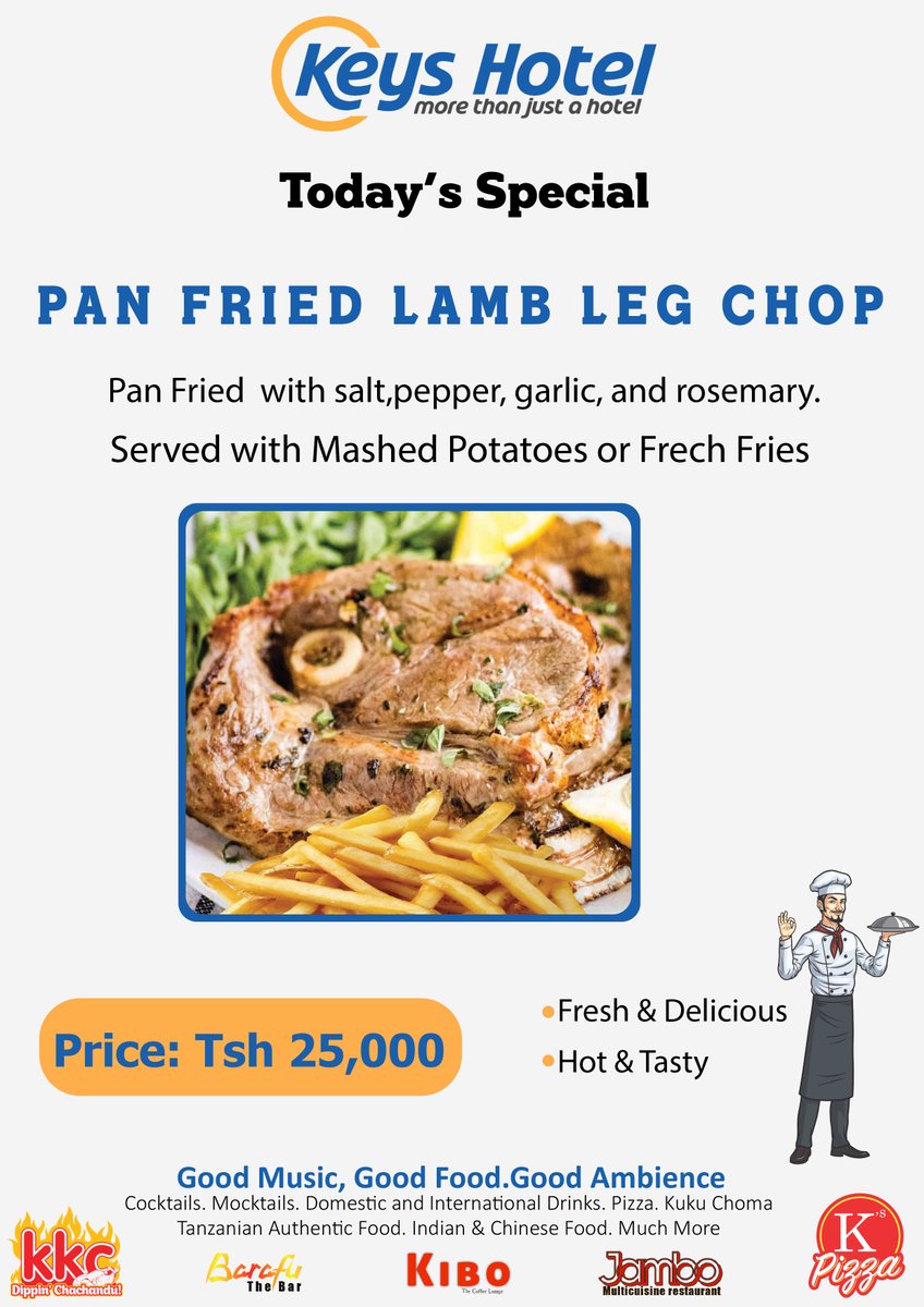 keyshotelmoshi's tweet image. 🥔🍟 Whether you love mashed potatoes or fries, our Pan Fried Lamb Leg Chop is the perfect pairing for your cravings. Fresh, delicious &amp;amp; only Tsh 25,000!

#keyshotel #todaysmenu
