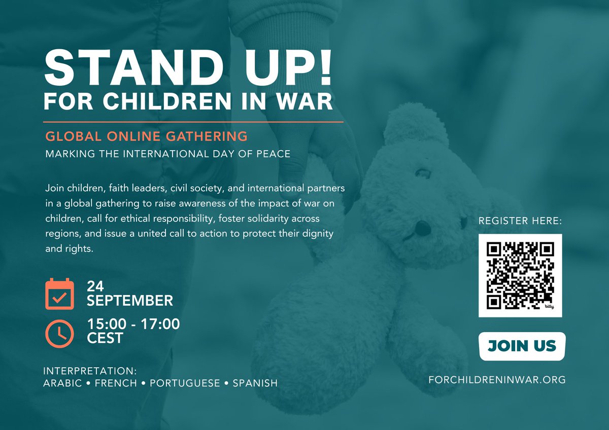 #StandUp4Children in War – Mobilising Communities for Consciousness, Hope &amp; Ethical Responses

🗓️ 24 Sept | 15:00–17:00 CEST
🌐 Online
🔗 Register: bit.ly/4gsUH7W

Together, let’s protect children’s dignity, rights &amp; futures.

 #PeaceDay2025 #ActNowForPeace