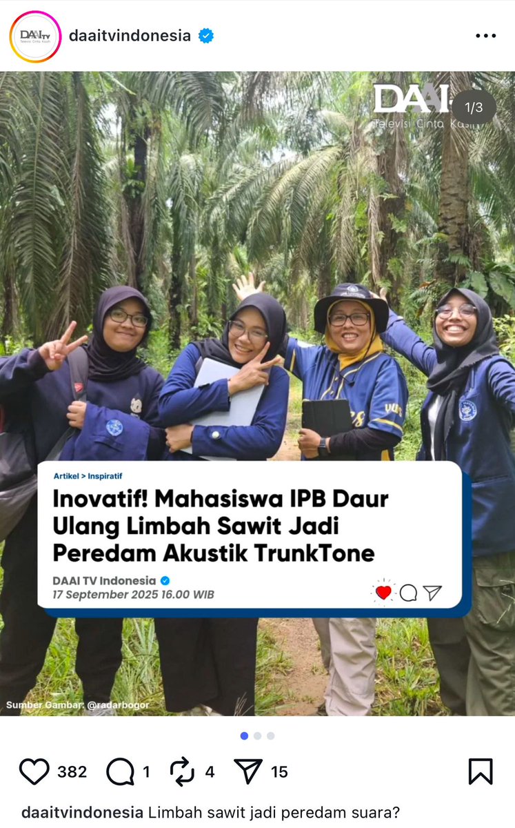 desimarkuy's tweet photo. Anak IPB mah emang suka bikin gebrakan.
TrunkTone = dari limbah sawit jadi prestasi dunia. Mantap bener! https://t.co/iu2Md8oOyt