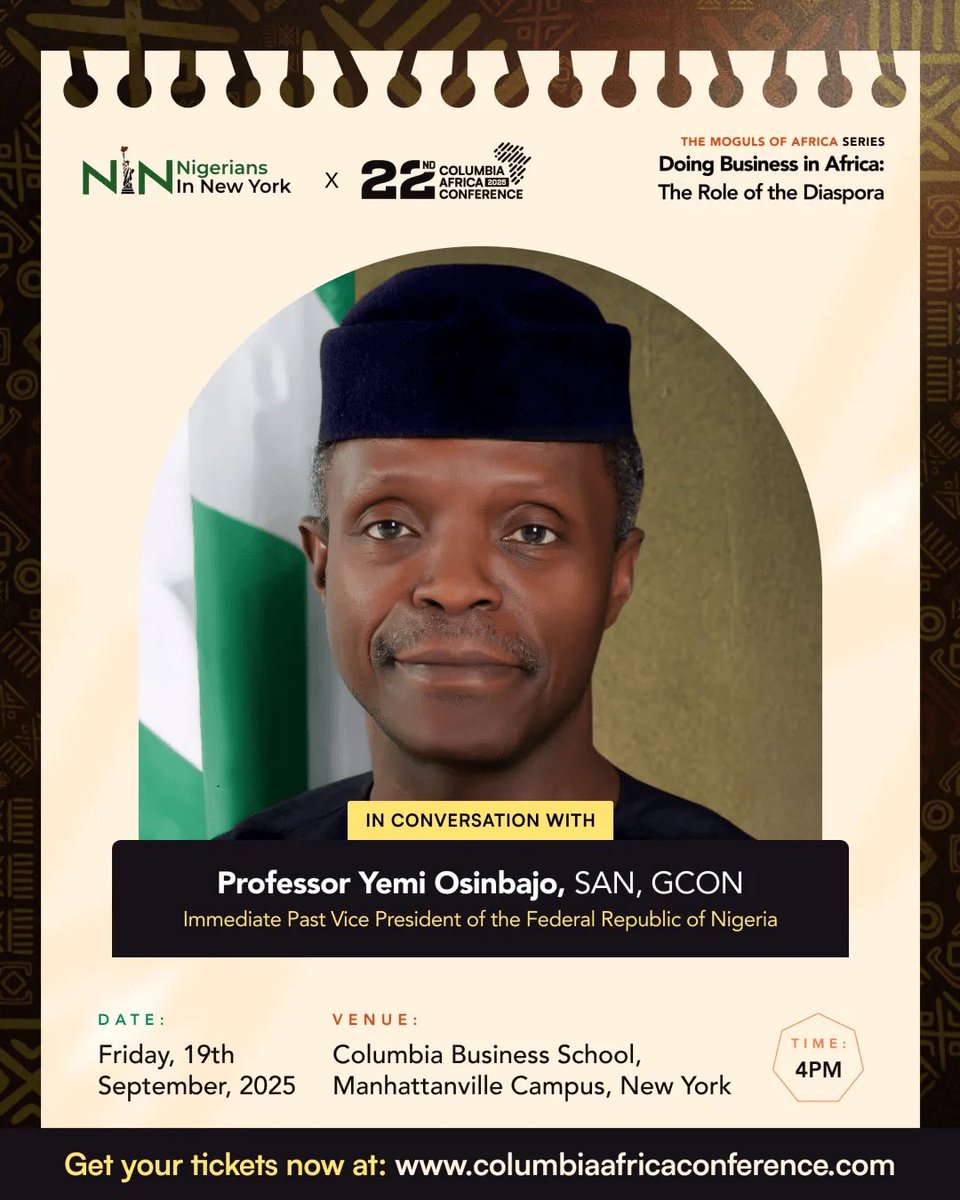 We are excited to announce one of Nigeria’s most distinguished leaders, a global statesman of immense influence, Prof. Yemi Osinbajo, SAN, GCON (@profosinbajo), the Immediate Past Vice President of Nigeria will be live on our stage in New York!