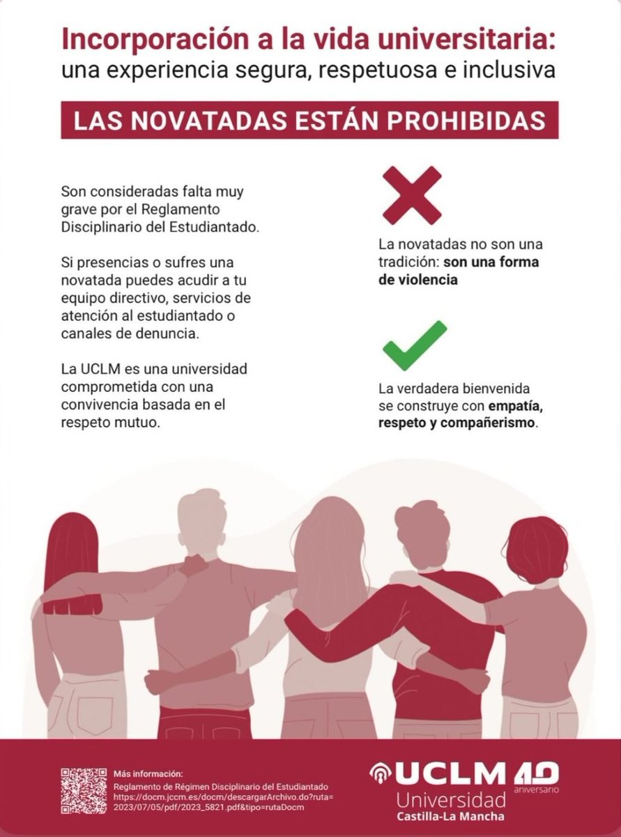 ¿Novatadas? NO, GRACIAS 
En la UCLM queremos una convivencia basada en el respeto mutuo, la tolerancia, la diversidad y la empatía. Queremos vivir una experiencia universitaria en la que nos sintamos seguros/as. 
Que esto sea así, es tarea de todos/as  ¡Contamos contigo! 😉🫵🏻