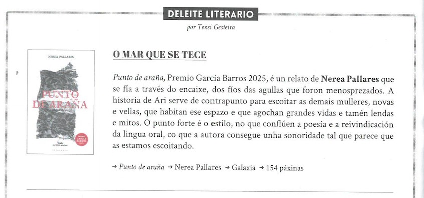 EdGalaxia's tweet image. Tensi Gesteira @Lecturafilia salienta, en @amovidavigo, a lectura de &quot;Punto de araña&quot;, Premio García Barros 2025. @deleitegalego