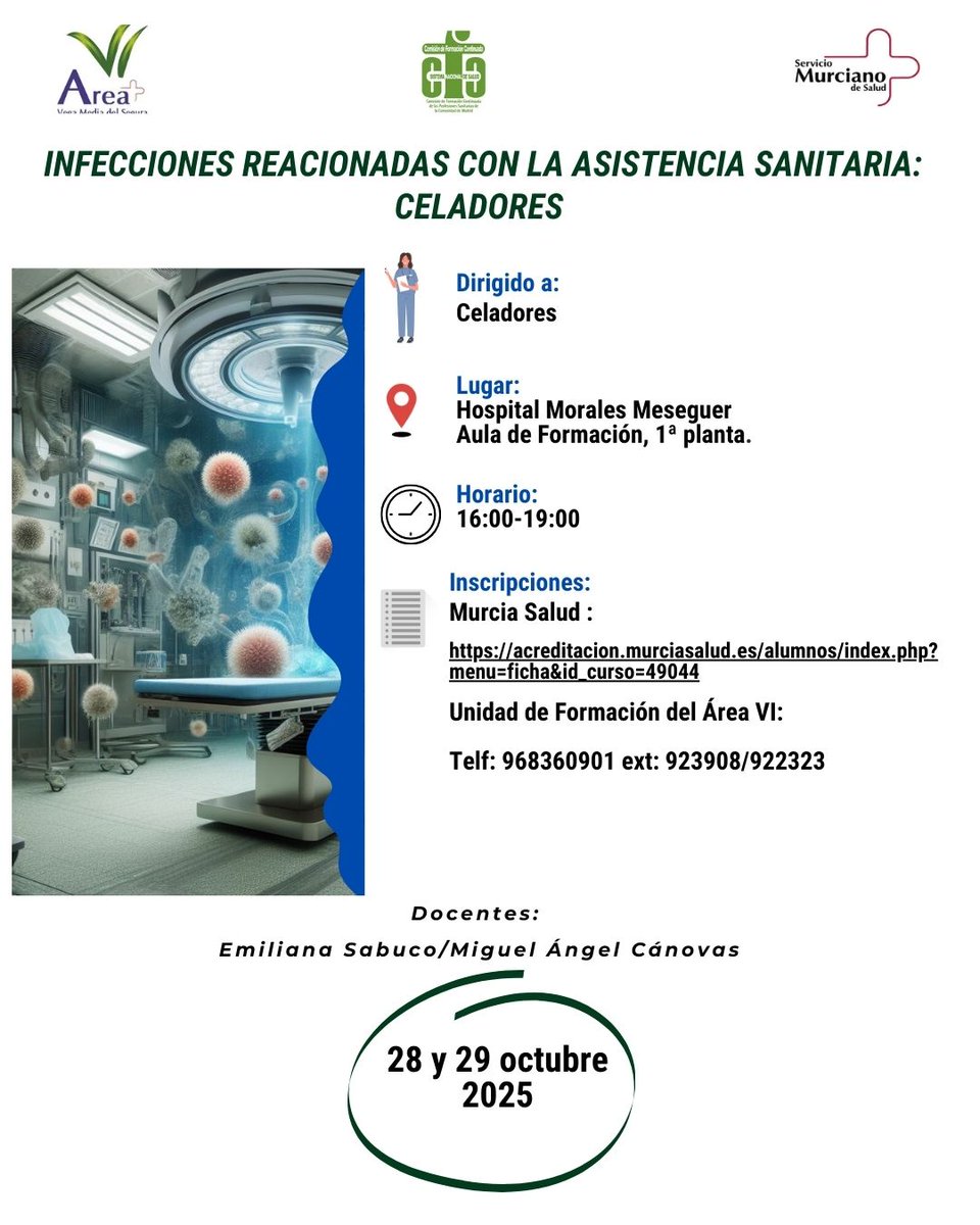 Nueva formación para celadores ✨
🦠 Infecciones relacionadas con la asistencia sanitaria
👉 Aprende a colaborar en la seguridad del paciente desde tu rol como celador.
📌 Inscripciones
🔗 acreditacion.murciasalud.es/alumnos/index.…
#FormaciónSanitaria #Celadores #IRAS
<a href="/Area6VegaMedia/">Área 6 Vega Media</a>