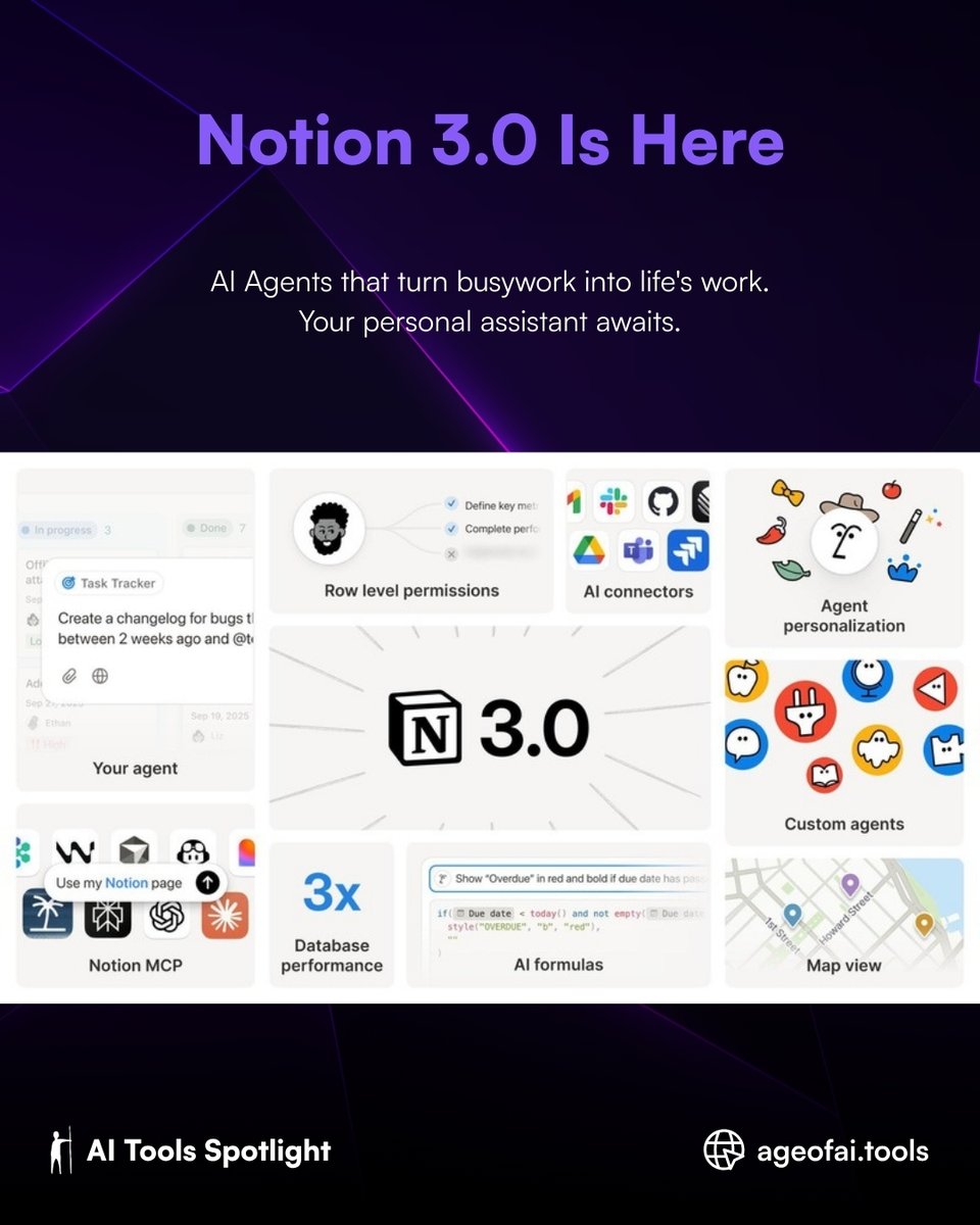 ageofaitools's tweet image. 🚀 BREAKING: Notion 3.0 is here with AI Agents that can do EVERYTHING you can do in Notion!
• Create docs &amp;amp; databases autonomously
• Execute 20-min workflows across 100s of pages
• Personalized with YOUR context
#Notion3 #AIAgents #ProductivityHack #TechLaunch