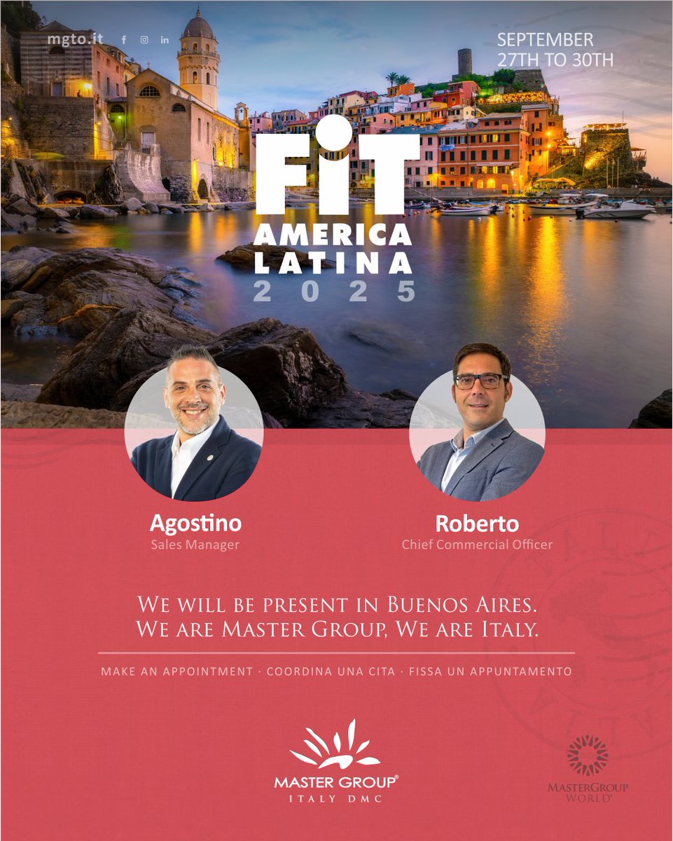 🇮🇹 L’Italia vi aspetta alla #FIT2025 a Buenos Aires, dal 27 al 30 settembre.
Incontra Roberto Villella e Agostino Macrì per scoprire esperienze esclusive e viaggi su misura in Italia
Prenota un appuntamento: info@mgto.it

#weareitaly #italia #DMC #travel #mastergroupItaly #italia