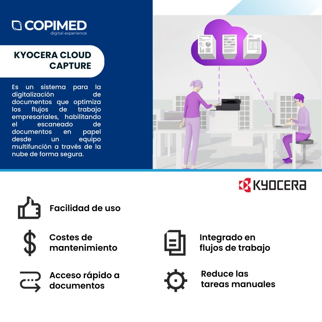 Copimed_es's tweet image. 📲☁️ ¿Qué es Kyocera Cloud Capture?
Es una solución inteligente que te permite escanear, guardar y enviar documentos directamente desde tu multifuncional Kyocera a la nube 🌐.

¡Digitaliza tu trabajo con un solo clic! 🖨️💨

#Kyocera #TransformaciónDigital #CloudCapture #Copimed