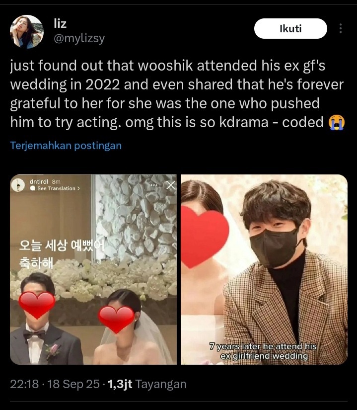 ternyata kisah hidupnya wooshik udah kaya k-drama ges 😭 mantan pacar yang dorong dia buat nyoba akting, trs pas udah jadi aktor dia dateng ke pernikahan mantannya 😭 •kdm•