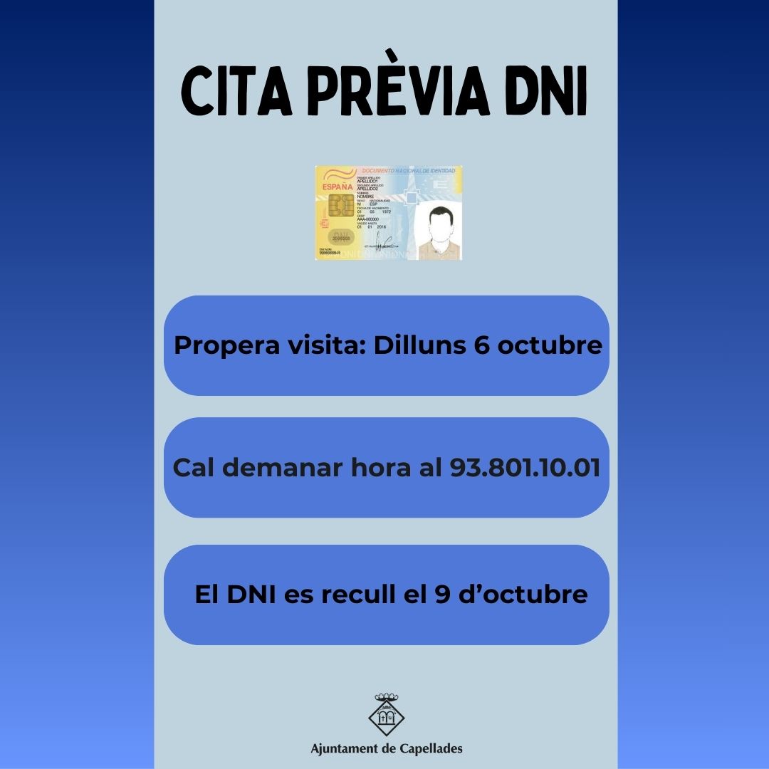 Si necessites renovar el teu DNI pots fer-ho a Capellades.

La propera visita de la Policia Nacional serà el dilluns 6 d0octubre al matí, a les oficines de la Policia Local de Capellades, al costat del Pavelló Poliesportiu de Capellades.

capellades.cat/actualitat/avi…