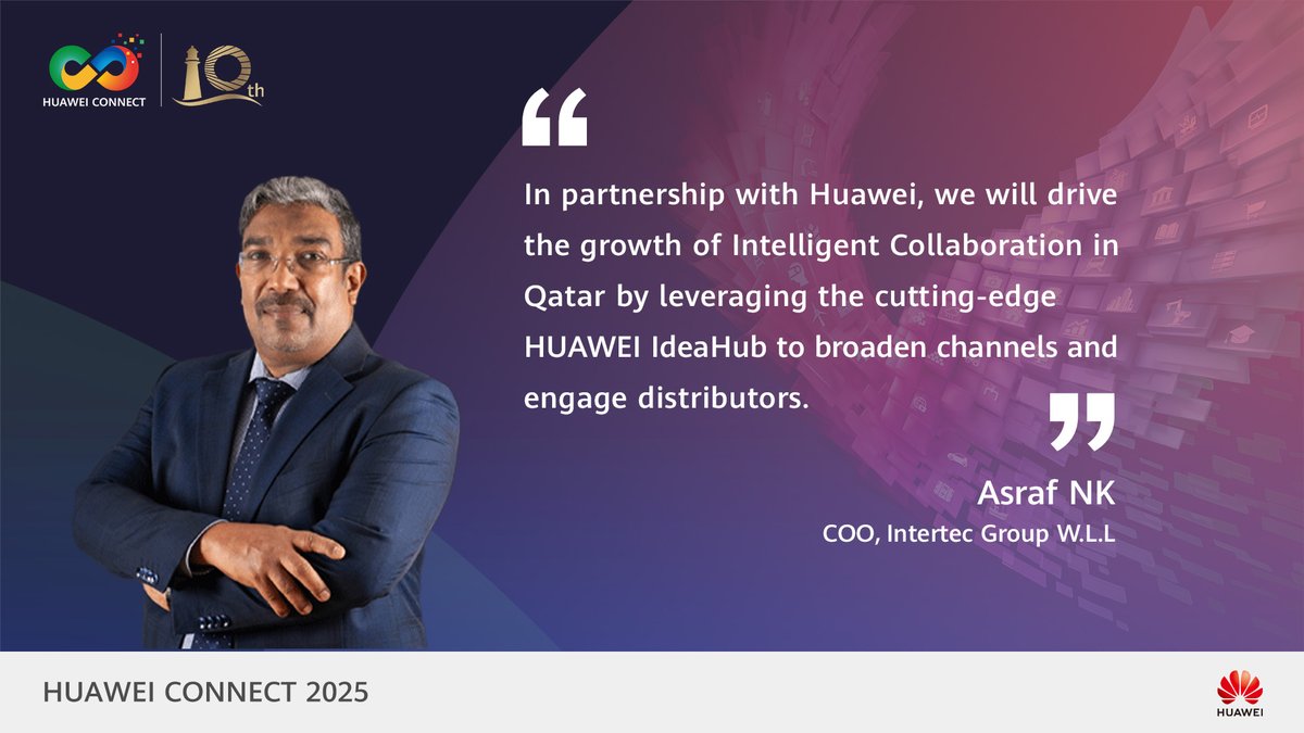 IT_Huawei's tweet photo. At #HUAWEICONNECT 2025, Asraf NK of Intertec Group W.L.L reveals how HUAWEI #IdeaHub is driving #IntelligentCollaboration and grow the market across Qatar: https://t.co/ozveWVzOve #AllIntelligence https://t.co/R2VuyMjJhI