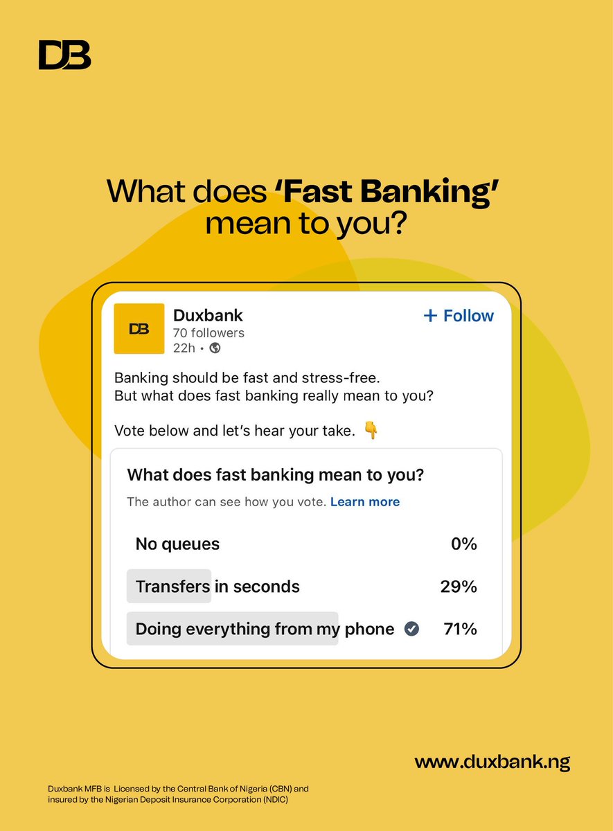 duxbankng's tweet image. Fast banking means different things to different people… but with Duxbank, it means all of the above. 💛
#FastBanking #BankSmartWithDux