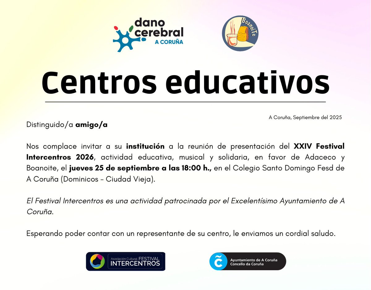 FESTIVAL INTERCENTROS A Coruña (@fintercentros) on Twitter photo 📌#Intercentros2026. ¿Quieres participar con tu centro educativo en una nueva edición del Festival Intercentros? Ven a la reunión, 👉 jueves 25 de septiembre a las 18:00 h., Colexio Santo Domingo Fesd A Coruña (Ciudad Vieja). Invitado. Escríbenos: info@festivalintercentros.org 📌#Intercentros2026. ¿Quieres participar con tu centro educativo en una nueva edición del Festival Intercentros? Ven a la reunión, 👉 jueves 25 de septiembre a las 18:00 h., Colexio Santo Domingo Fesd A Coruña (Ciudad Vieja). Invitado. Escríbenos: info@festivalintercentros.org