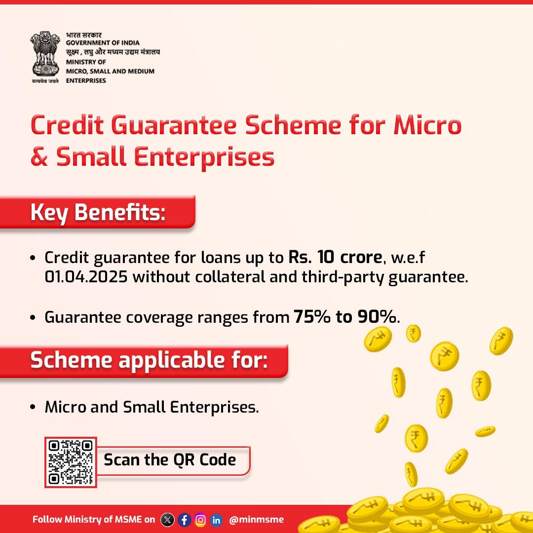 The Credit Guarantee Scheme for Micro &amp; Small Enterprises encourages first-generation entrepreneurs to venture into self-employment opportunities by facilitating credit guarantee support for collateral-free/ third-party free loans to MSEs.

#MSME #coir #KVIC #Khadi #scsthub #NSIC