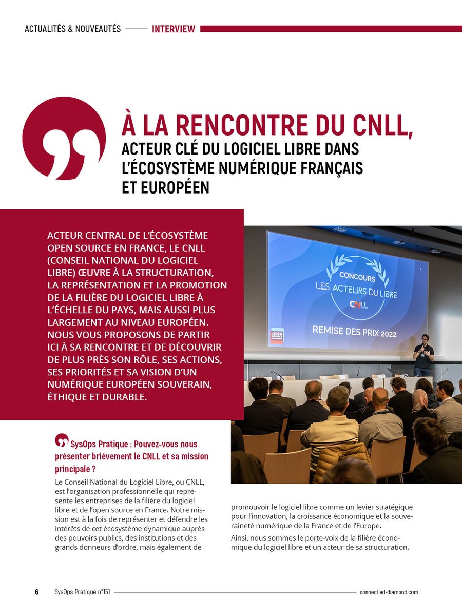 sysopspratique's tweet image. Dans notre numéro actuellement en kiosque, retrouvez un entretien du @cnll_fr et découvrez en plus en détail le rôle et les missions de cet acteur clé du logiciel libre dans l&apos;écosystème numérique et européen.

Sommaire &amp;amp; aperçu : boutique.ed-diamond.com/nouveautes/178…