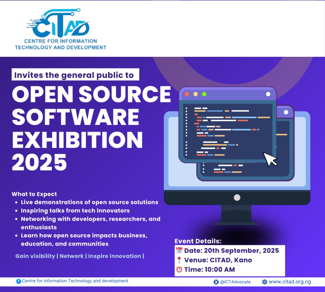 Suhail (@s_suhailu) on Twitter photo *JOIN US*
Join us as we celebrate innovation, creativity, and collaboration at the Open Source Software Exhibition 2025! 🚀
📅 Date: 20th September, 2025
📍 Venue: No 4 Samaila Gano Street Tradefair Area CITAD, Kano
🕙 Time: 10:00 AM
<a href="/YZYau/">Yunusa Ya'u</a> <a href="/ICTAdvocates/">CITAD</a> <a href="/hamzaish/">Hamza Ibrahim</a> *JOIN US*
Join us as we celebrate innovation, creativity, and collaboration at the Open Source Software Exhibition 2025! 🚀
📅 Date: 20th September, 2025
📍 Venue: No 4 Samaila Gano Street Tradefair Area CITAD, Kano
🕙 Time: 10:00 AM
<a href="/YZYau/">Yunusa Ya'u</a> <a href="/ICTAdvocates/">CITAD</a> <a href="/hamzaish/">Hamza Ibrahim</a>