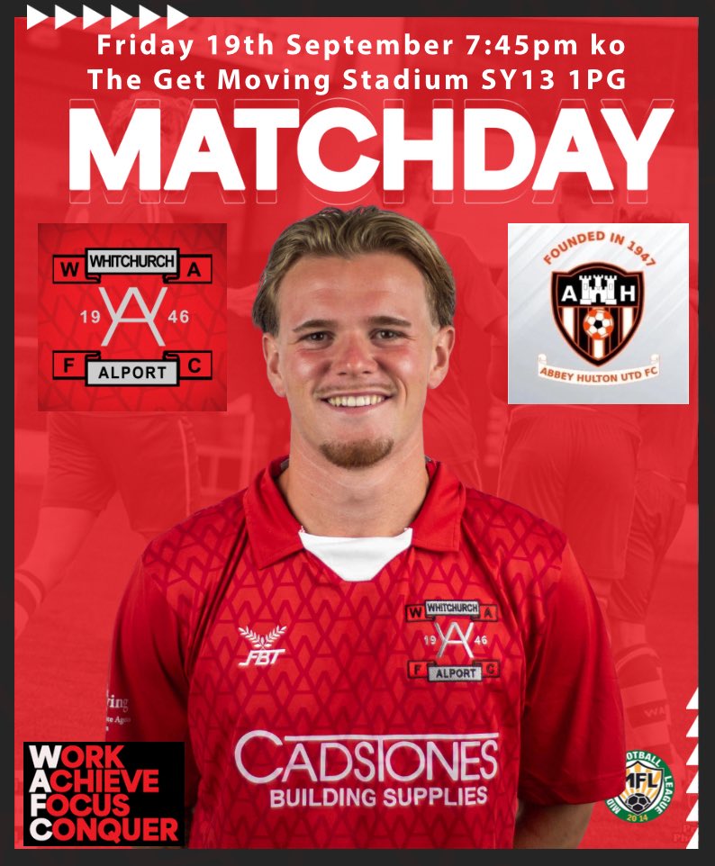 MATCH DAY 9🔴⚪️

For a change it’s a different matchday for the Reds, and it’s Friday night football at the <a href="/GetMovingEstate/">Get Moving</a> stadium as we welcome <a href="/HultonUtd/">Abbey Hulton Utd FC</a> in the <a href="/MidlandLeague/">Capelli Sport Midland Football League</a> #WeAreAlport🔴⚪️