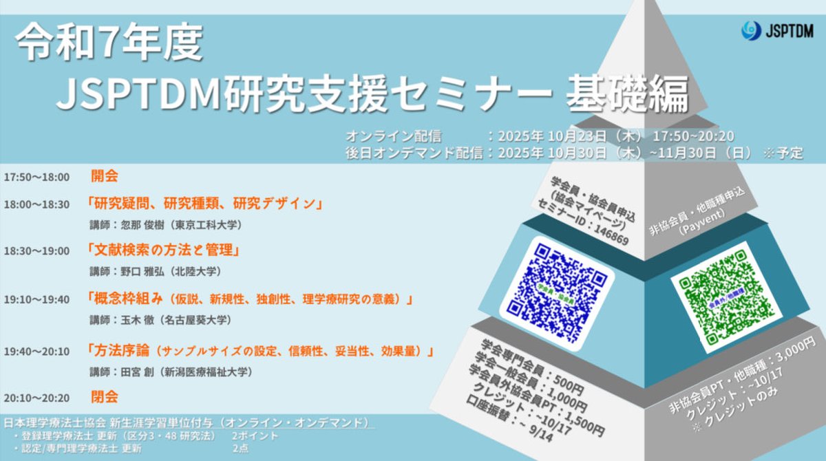 JSPTDM's tweet photo. 📢 受付中！お申込みはお早めに

🛎️ 日本糖尿病理学療法学会 研究支援セミナー　基礎編

#JSPTDM研究支援セミナー

✨すでに多くの方が申し込み済み！✨

このセミナーで学べること：
✅ 研究の種類・デザイン
✅ 文献検索の方法
✅ 研究の枠組み
✅ 研究の進め方

👉 お申し込みはこちらから https://t.co/S7LPEH52li