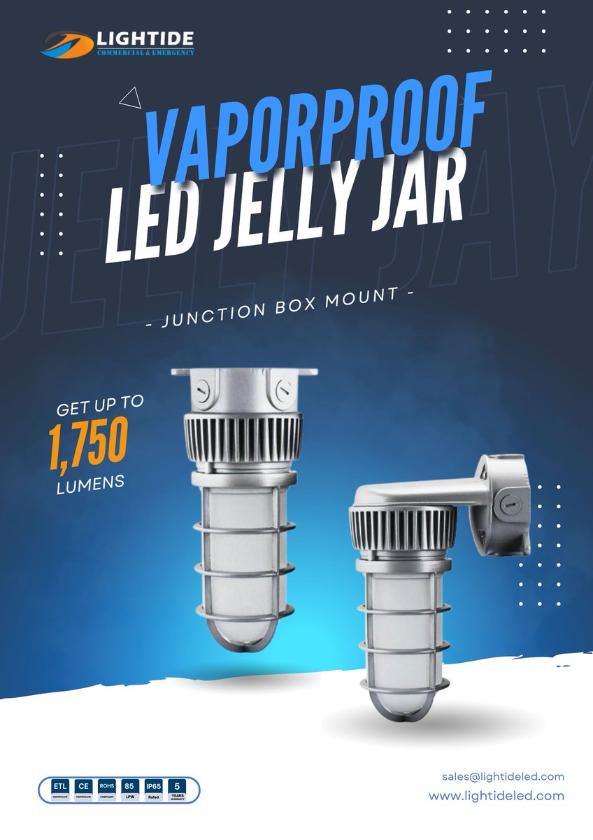 Light up your space with our Vapor Proof LED Jelly Jar! 💡 Durable die-cast aluminum housing, frosty glass cover, IP65 rated, 1750 lumens, ceiling &amp; wall mount options, PLUS a 5-year warranty. Built to last! #LEDLighting #DurableDesign  lightideled.com/product/garage…