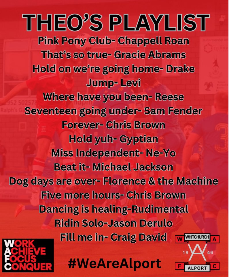 THEOS PLAYLIST 🎶 

<a href="/_Theoknight_/">Theo Knight</a> is DJ at tonight’s game at the <a href="/GetMovingEstate/">Get Moving</a> Stadium for the visit of <a href="/HultonUtd/">Abbey Hulton Utd FC</a> His tunes are below, and some great tunes in there and the odd classic mixed in #WeAreAlport🔴⚪️