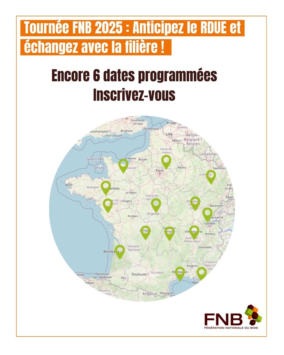 📢 Tournée FNB 2025 : Anticipez le RDUE et échangez avec la filière ! 🌲

En ce second semestre 2025, la FNB continue sa tournée partout en France, encore 6 dates programmées ! 

Ne manquez pas cette opportunité ! Inscrivez-vous ✍️ --&gt; fnbois.com/tournee-2025/
