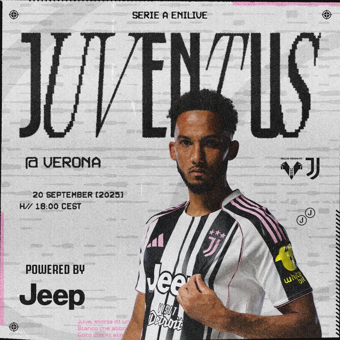 A person wearing a Juventus football jersey with black and white vertical stripes and pink accents, featuring the Jeep logo and stars on the sleeves. The jersey has text reading "Dybala 21" on the front. Text overlays include "JUVENTUS," "VERONA," "20 SEPTEMBER (2023)," "H: 18:00 CEST," and "POWERED BY JEEP." A watermark with "JJ" and a goat symbol is visible.