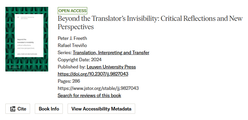 Very pleased to say that Beyond the Translator's Invisibility (edited by Rafael Treviño and myself) has now been made fully open access courtesy of <a href="/LeuvenUP/">LeuvenUP</a>!

Find it on JSTOR: lnkd.in/eMdS5Yny
Or on ProjectMuse: lnkd.in/e-BwuiJB