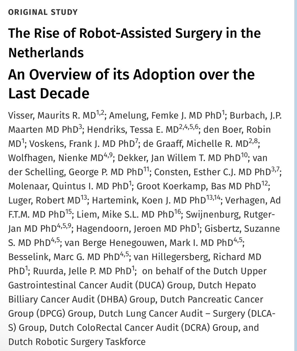 MarcBesselink's tweet image. #Rise of the #Robots 🦾 in the Netherlands 🇳🇱 GI surgery @AnnalsofSurgery 

😳 How does this compare to your country? Data?

Nationwide use 🦾 per organ among 77,361 resections (2014-2023):
✅ pancreas 1% to 33% 
✅ thoracic 3% to 11% 
✅ colon 6% to 14%
✅ rectum 19% to 45%
✅…