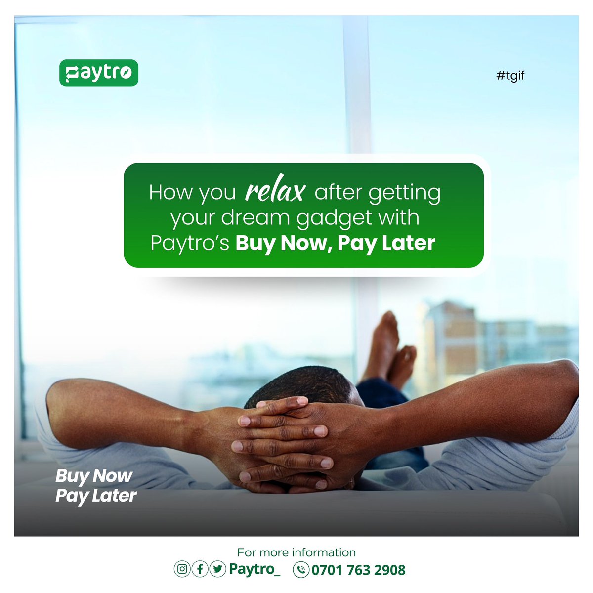 Paytro__'s tweet photo. Friday hits different when your gadgets are already sorted with Paytro’s Buy Now, Pay Later.

Enjoy your weekend! 

#tgif #paytro #buynowpaylater #lagosbusiness #paysmallsmall  #kolade https://t.co/iJhxvZQfrS