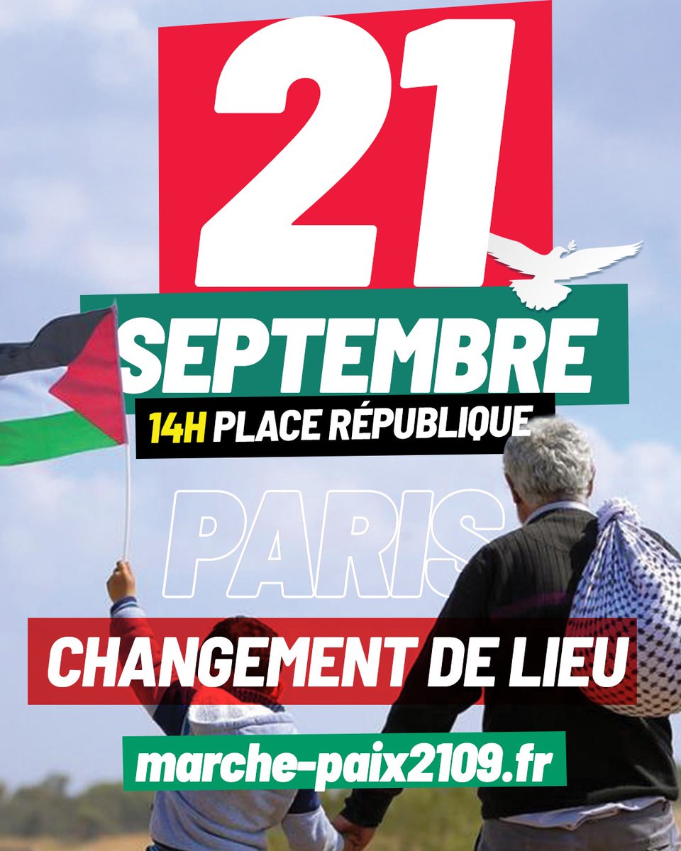 partisocialiste's tweet photo. 🇵🇸Le 21 septembre, journée internationale de la paix, nous marcherons pour la reconnaissance de l’État de Palestine et l’arrêt immédiat du génocide en cours.

⚠️RDV 14h place de la République à Paris, et partout en France.

L'appel signé par @faureolivier👉https://t.co/2rtCN6Ec9z https://t.co/9k4hJynHpn