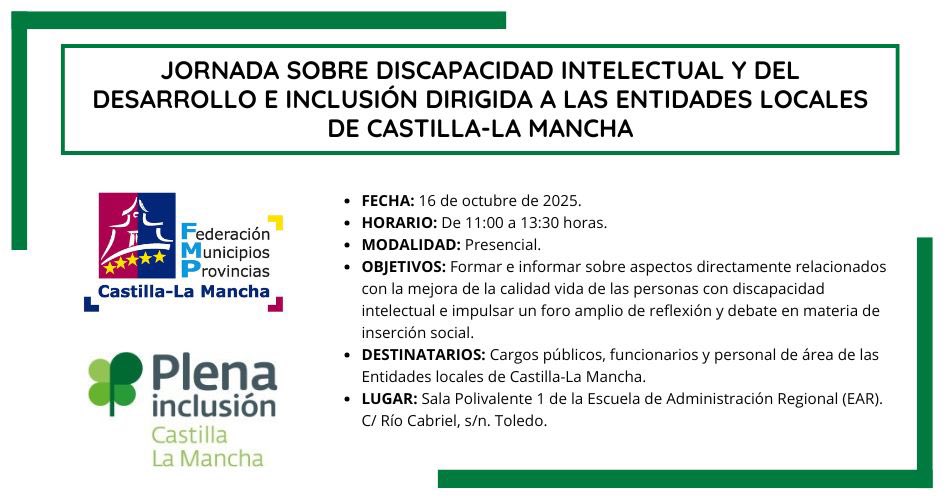 FEMPCLM Y PLENA INCLUSIÓN CLM PROGRAMAN UNA JORNADA FORMATIVA SOBRE “DISCAPACIDAD INTELECTUAL Y DEL DESARROLLO E INCLUSIÓN” DIRIGIDA A LAS ENTIDADES LOCALES DE LA REGIÓN.
fempclm.es/es/1/1494/FEMP…