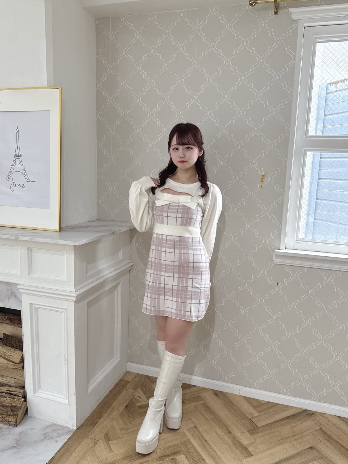 evelyn バストリボンチェックニットワンピース evelyn バスト