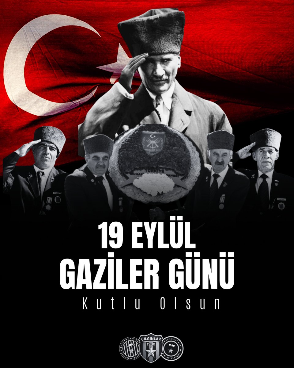Bu toprakları bizlere vatan kılan kahraman gazilerimizin günü kutlu olsun.
Başta Gazi Mustafa Kemal Atatürk ve silah arkadaşları olmak üzere tüm gazilerimizi saygı, minnet ve şükranla anıyoruz.🇹🇷

#ÇılgınlarTaraftarlarGrubu #19eylülgazilergünü