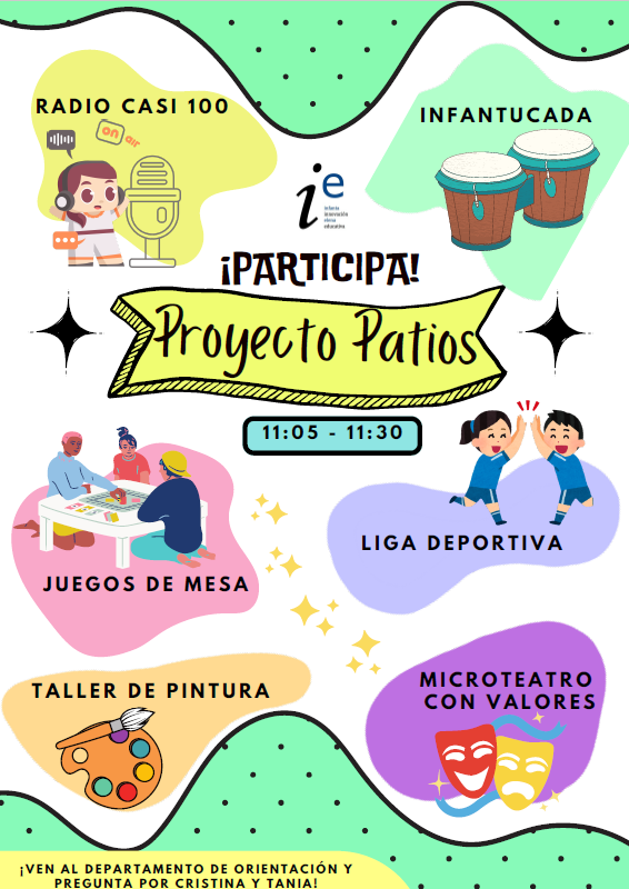 Con el curso, comienza el Proyecto Patio, cuyo objetivo principal es la convivencia y la integración de todos los miembros de la comunidad educativa.
Para ello, se han propuesto una serie de actividades, como pintura, Radio Casi100, liga deportiva, infantucada, microteatro...