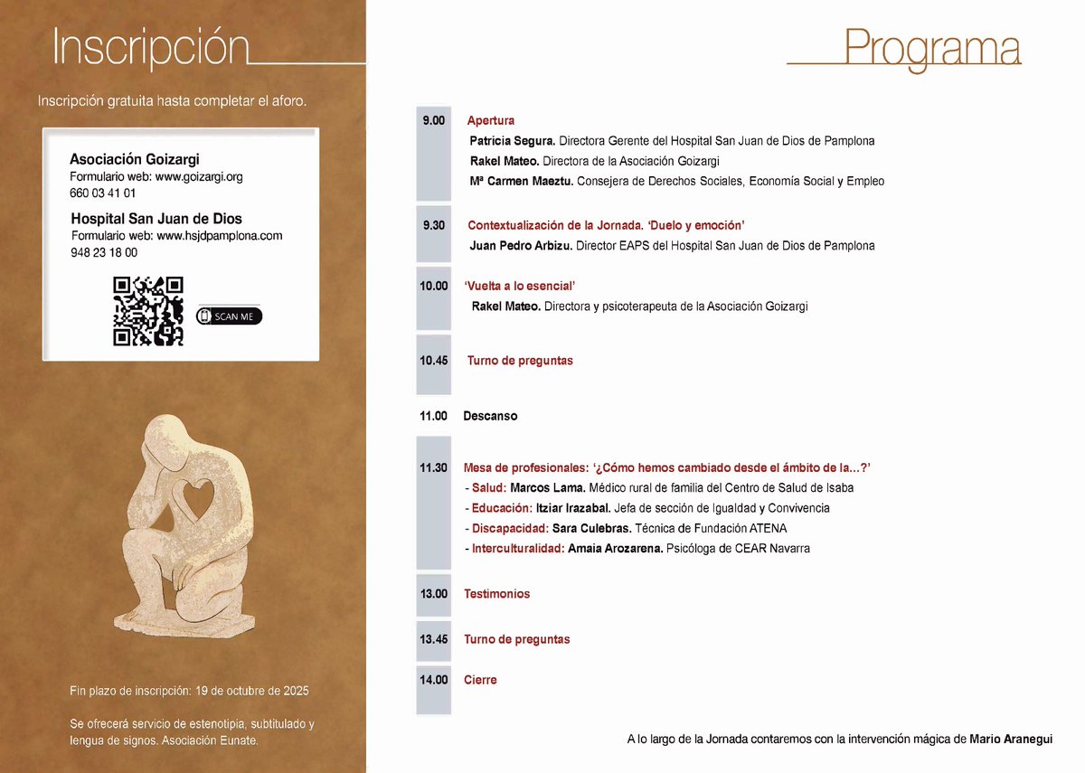 🎟 ¡Inscripciones abiertas!
🕊 XII Jornada sobre el #duelo 2025
📍 Civican
📆25 de octubre 
🗓 Inscrip: Hasta el 19/10
💬 Tema: “El duelo y el dolor”
👥 Mesa de profesionales + testimonios
♿ Accesibilidad
🔗 Inscríbete: forms.gle/oMMcsw6X64Hjoh…
<a href="/OHSanJuandeDios/">San Juan de Dios España</a> 
<a href="/asociacgoizargi/">Asociación Goizargi</a>