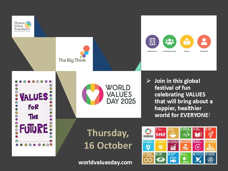 Join this global festival #Values for the #Future !
* Thursday, 16 October 

&gt; Get resources here: worldvaluesday.com
for organisations, #communities, #schools &amp; individuals. 

HAPPY #WorldValuesDay

#education #Wellbeing #Happiness #Peace #Love