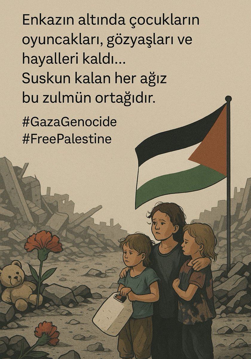 Enkazın altında çocukların oyuncakları, gözyaşları ve hayalleri kaldı…
Suskun kalan her ağız bu zulmün ortağıdır.

#GazaGenocide #FreePalestine #Gazze