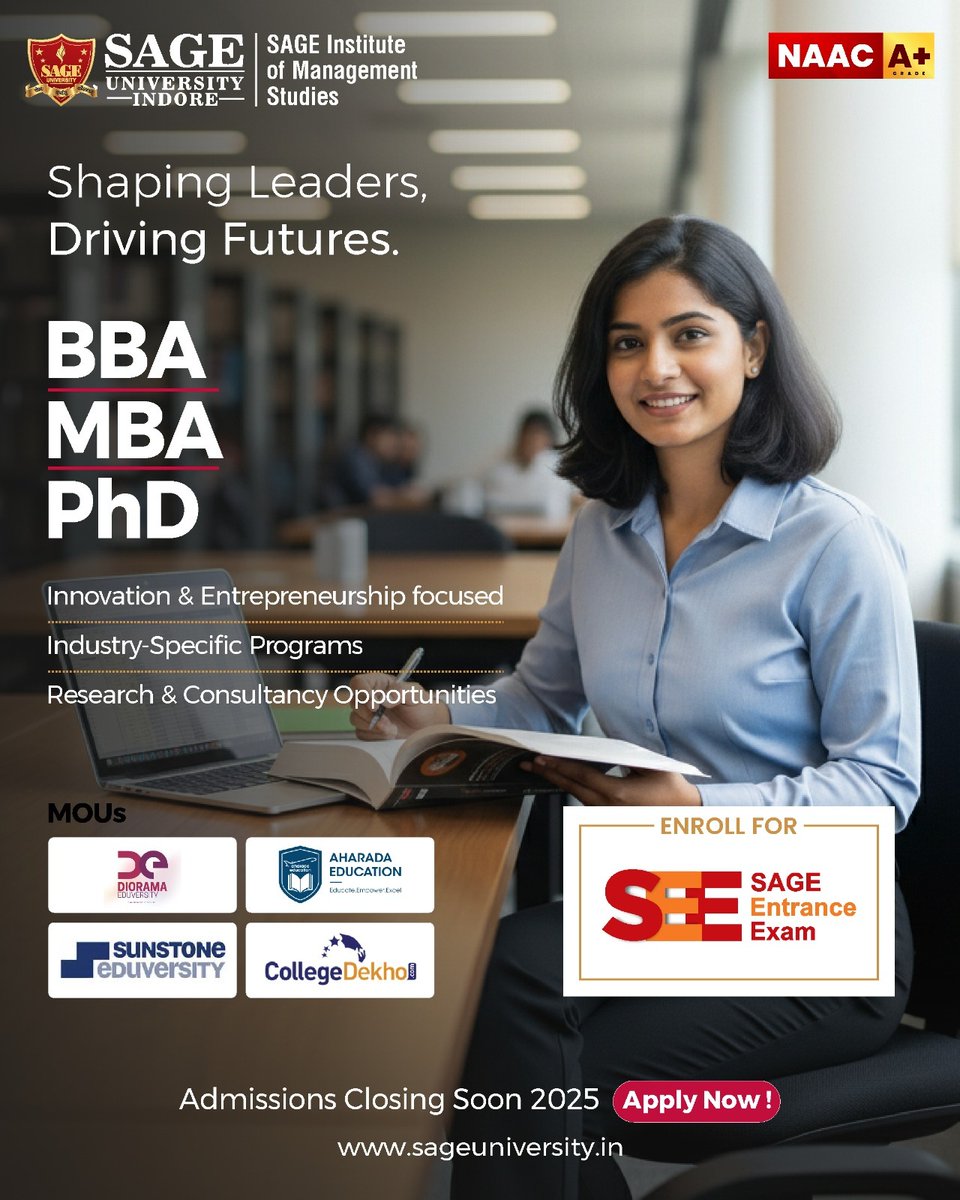 Turn your passion for business into purpose-driven leadership at SAGE Institute of Management Studies. BBA, MBA &amp; PhD programs with innovation, entrepreneurship &amp; real-world insights. 

Admissions closing soon!

Visit - sageuniversity.in/admission/
__
#SAGEUniversityIndore #Management